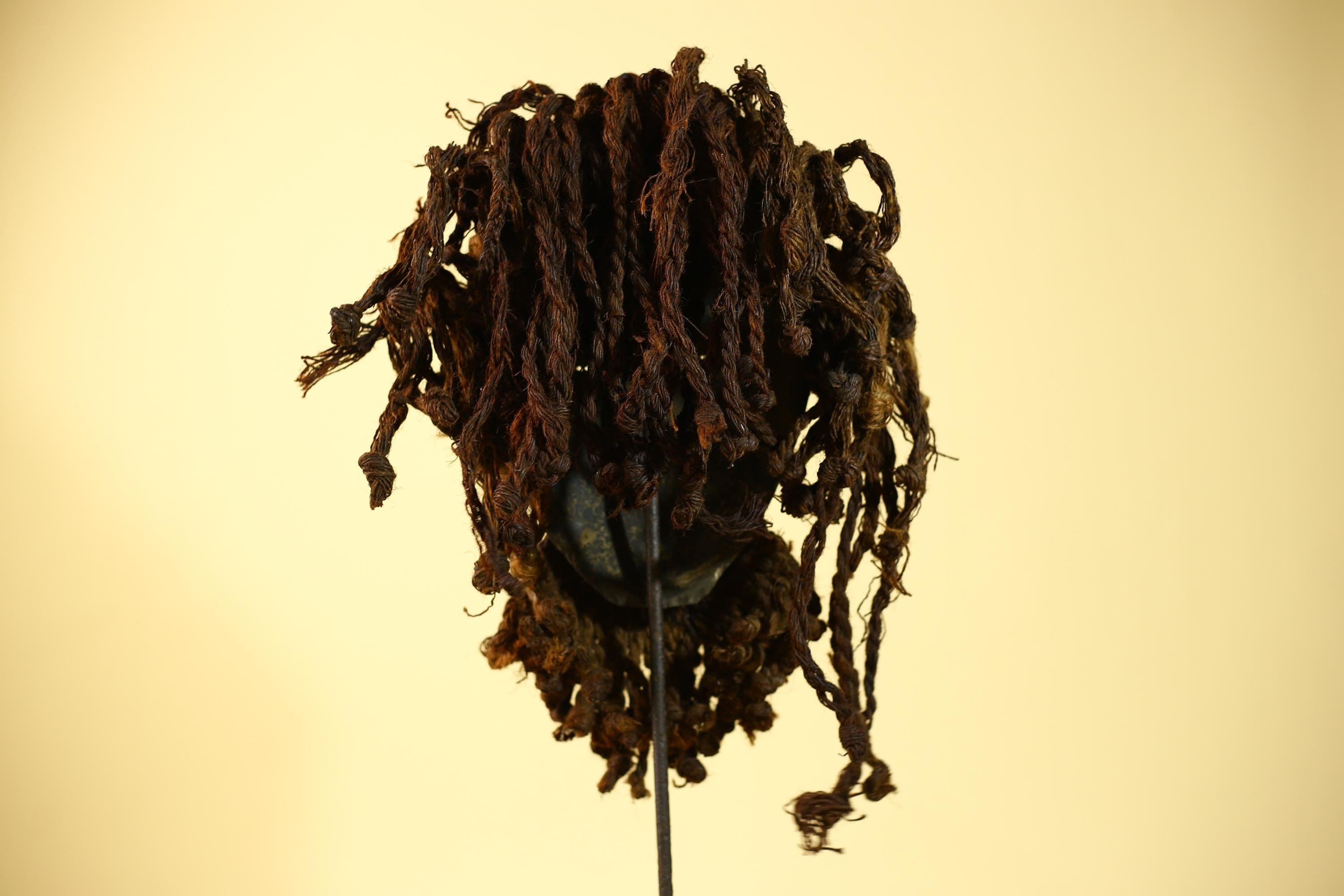 African Vintage Dan Mask Tribal Art Cowrie Inlay Fiber Braids Carved Wood-G6023