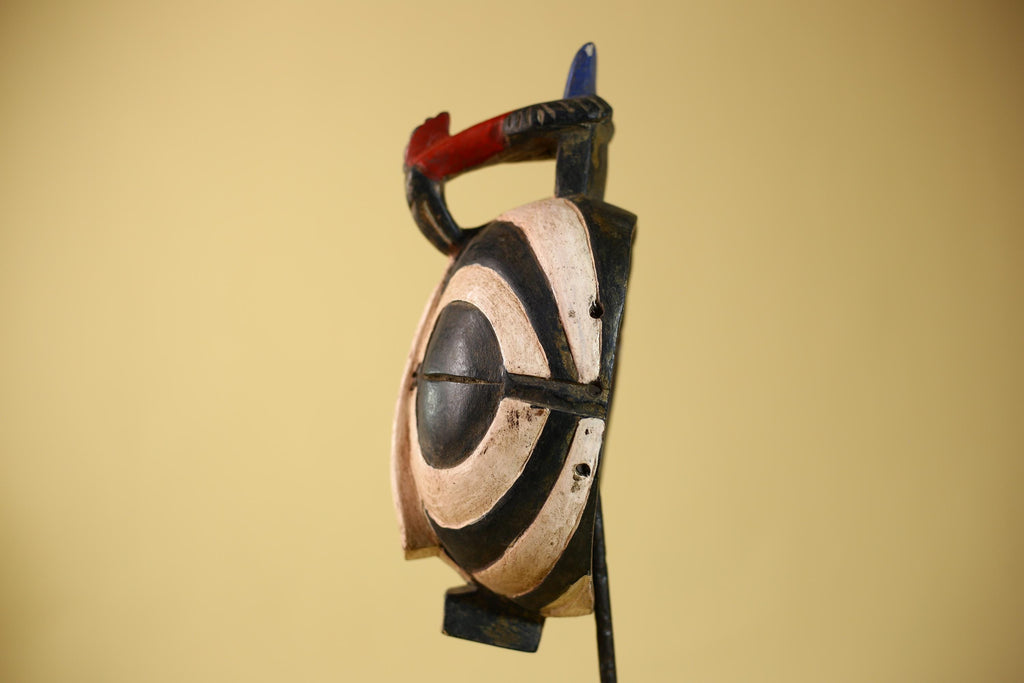 African Vintage Black White Tribal Mask with Bird Crest Carved Wall Art-G6026