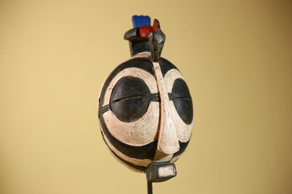 African Vintage Black White Tribal Mask with Bird Crest Carved Wall Art-G6026
