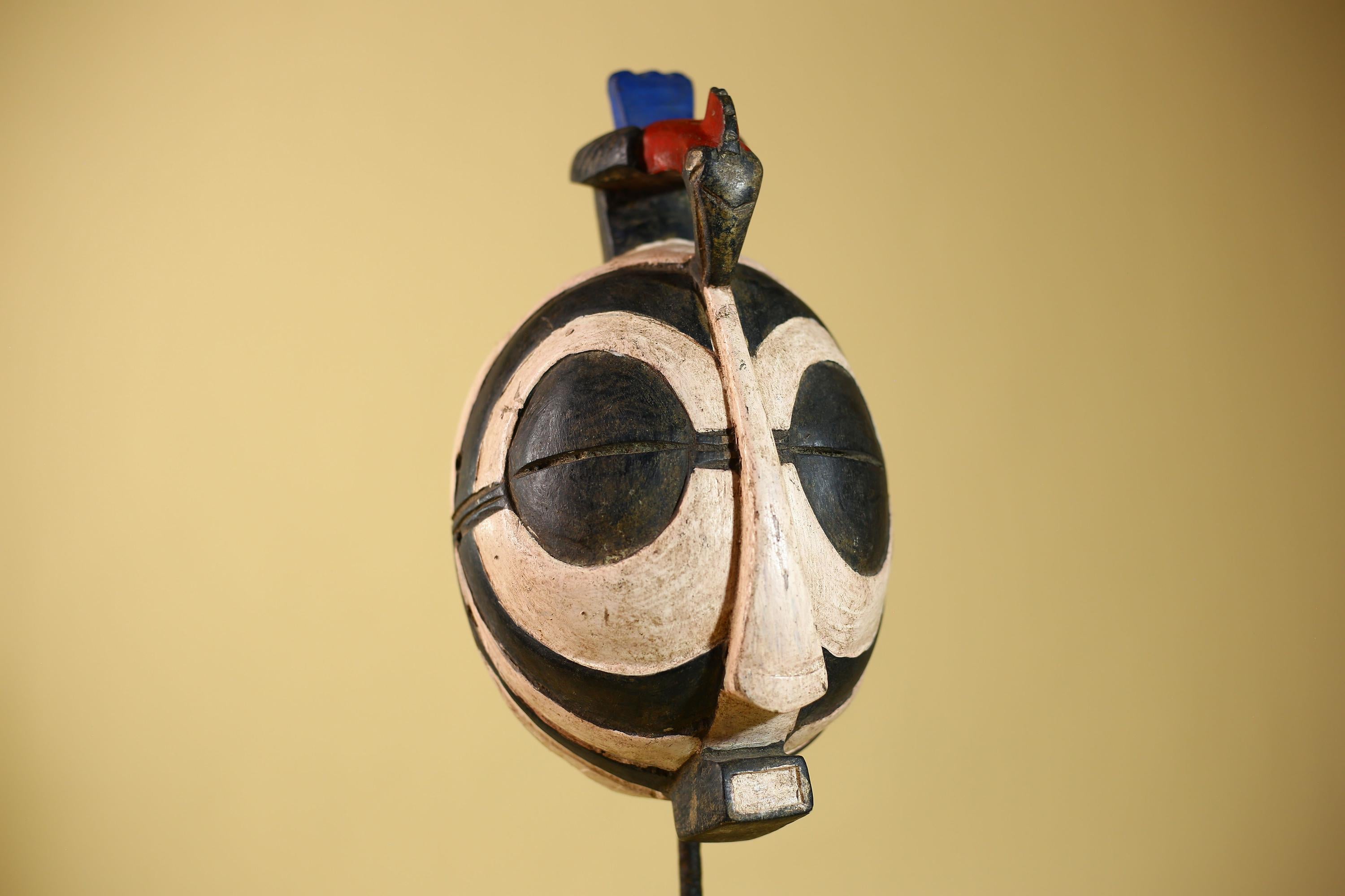 African Vintage Black White Tribal Mask with Bird Crest Carved Wall Art-G6026
