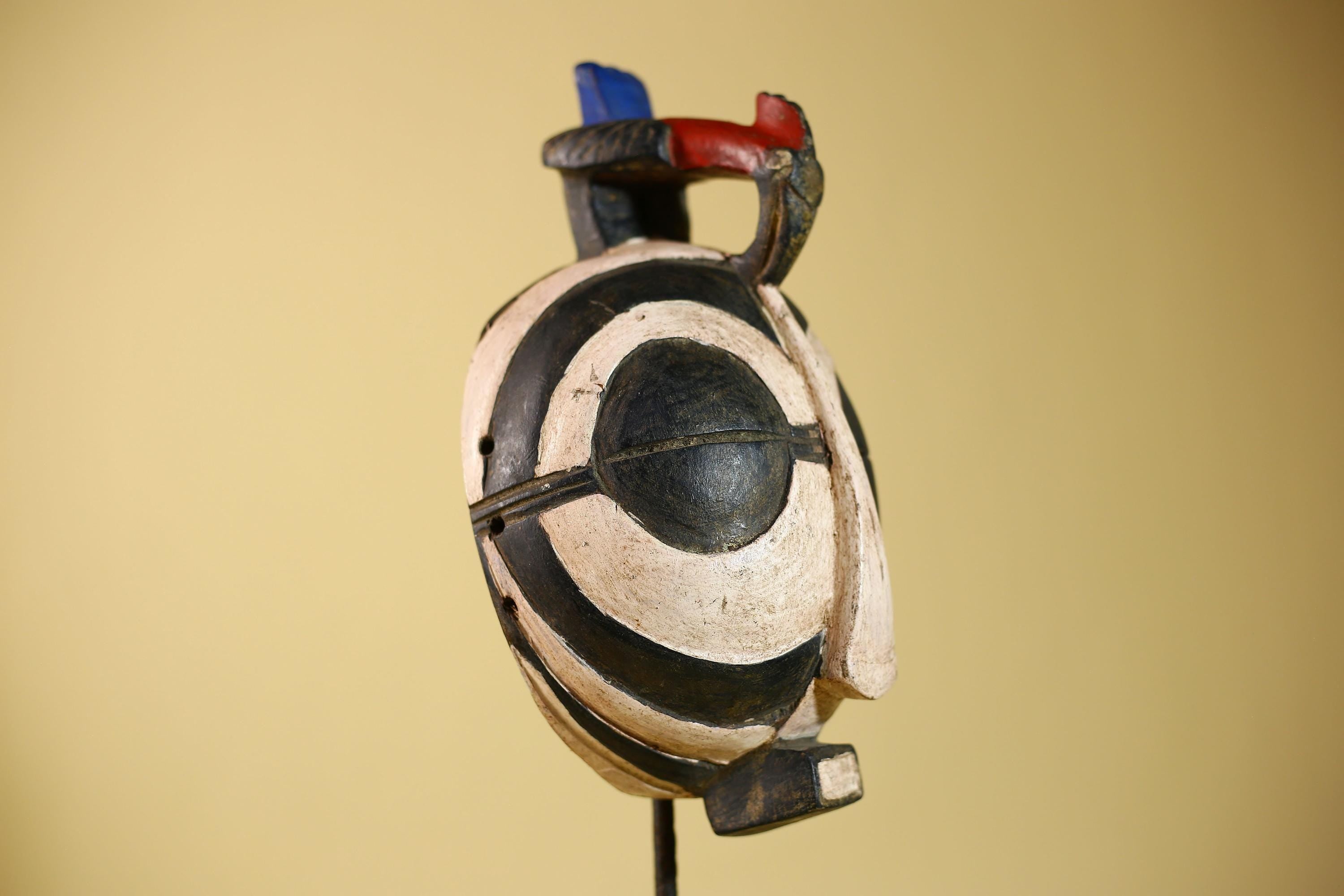African Vintage Black White Tribal Mask with Bird Crest Carved Wall Art-G6026
