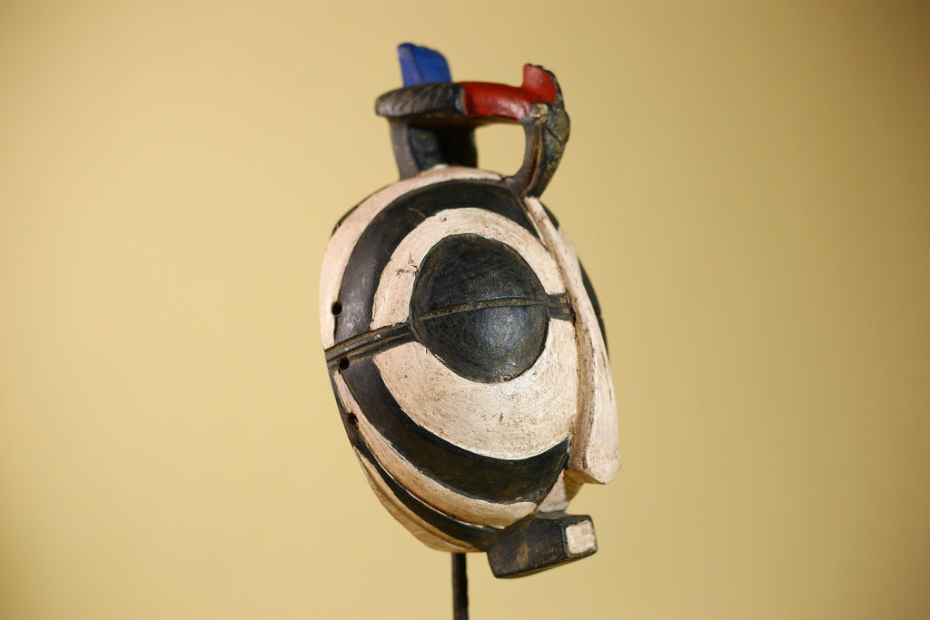 African Vintage Black White Tribal Mask with Bird Crest Carved Wall Art-G6026