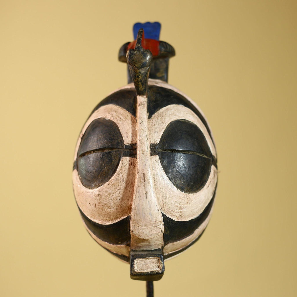 African Vintage Black White Tribal Mask with Bird Crest Carved Wall Art-G6026
