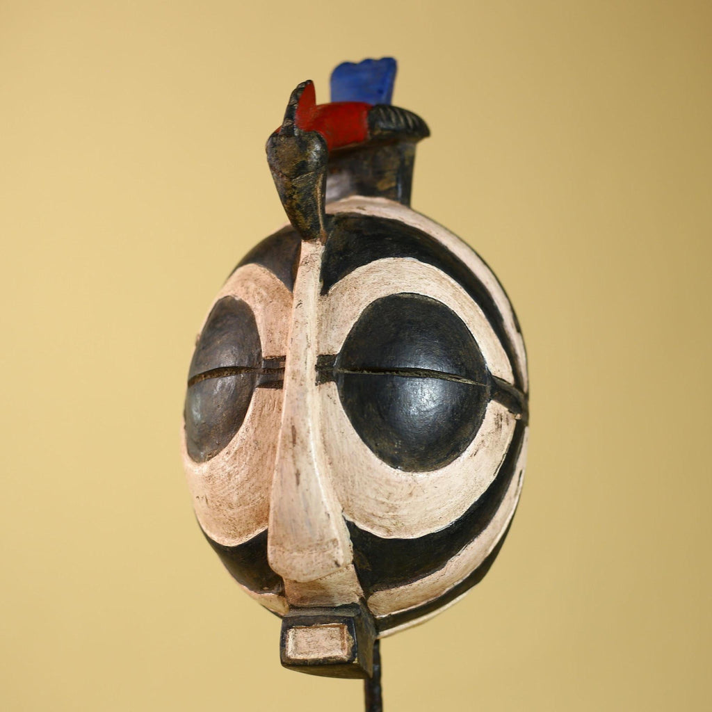 African Vintage Black White Tribal Mask with Bird Crest Carved Wall Art-G6026