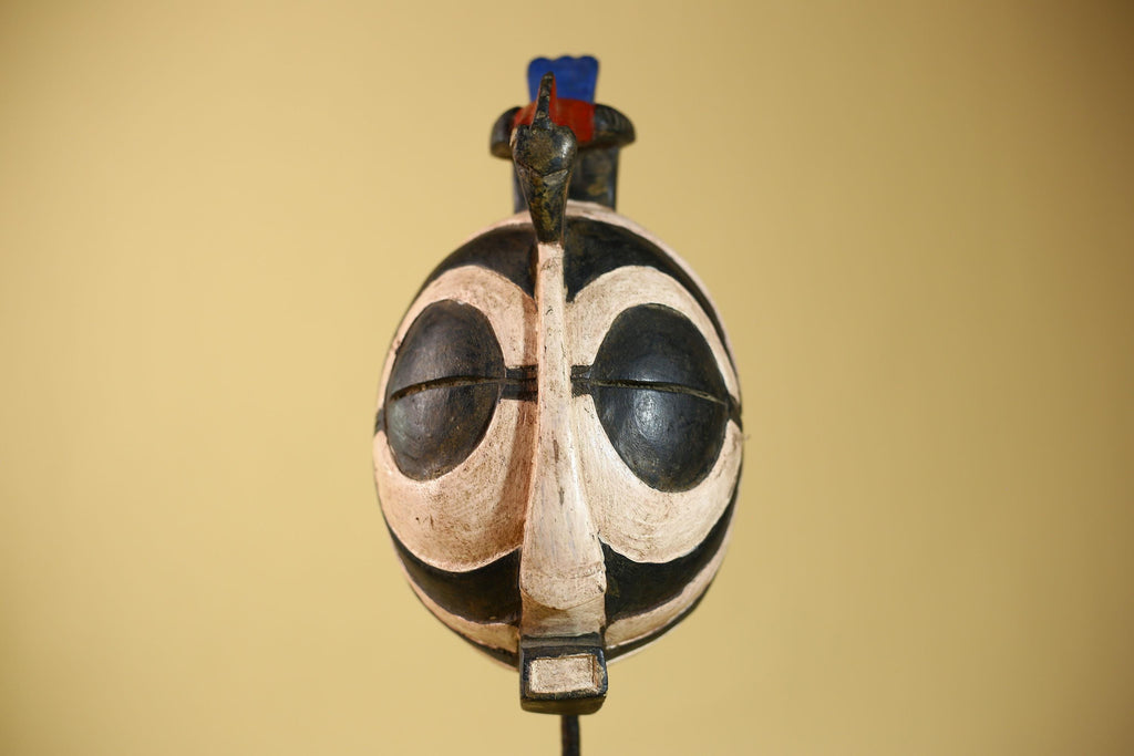 African Vintage Black White Tribal Mask with Bird Crest Carved Wall Art-G6026
