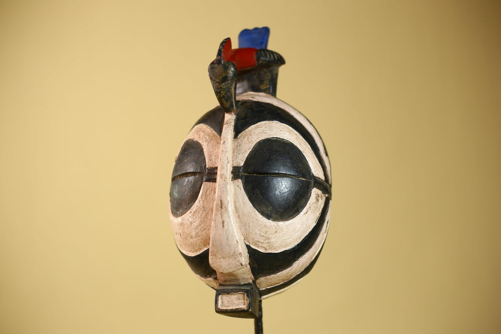 African Vintage Black White Tribal Mask with Bird Crest Carved Wall Art-G6026