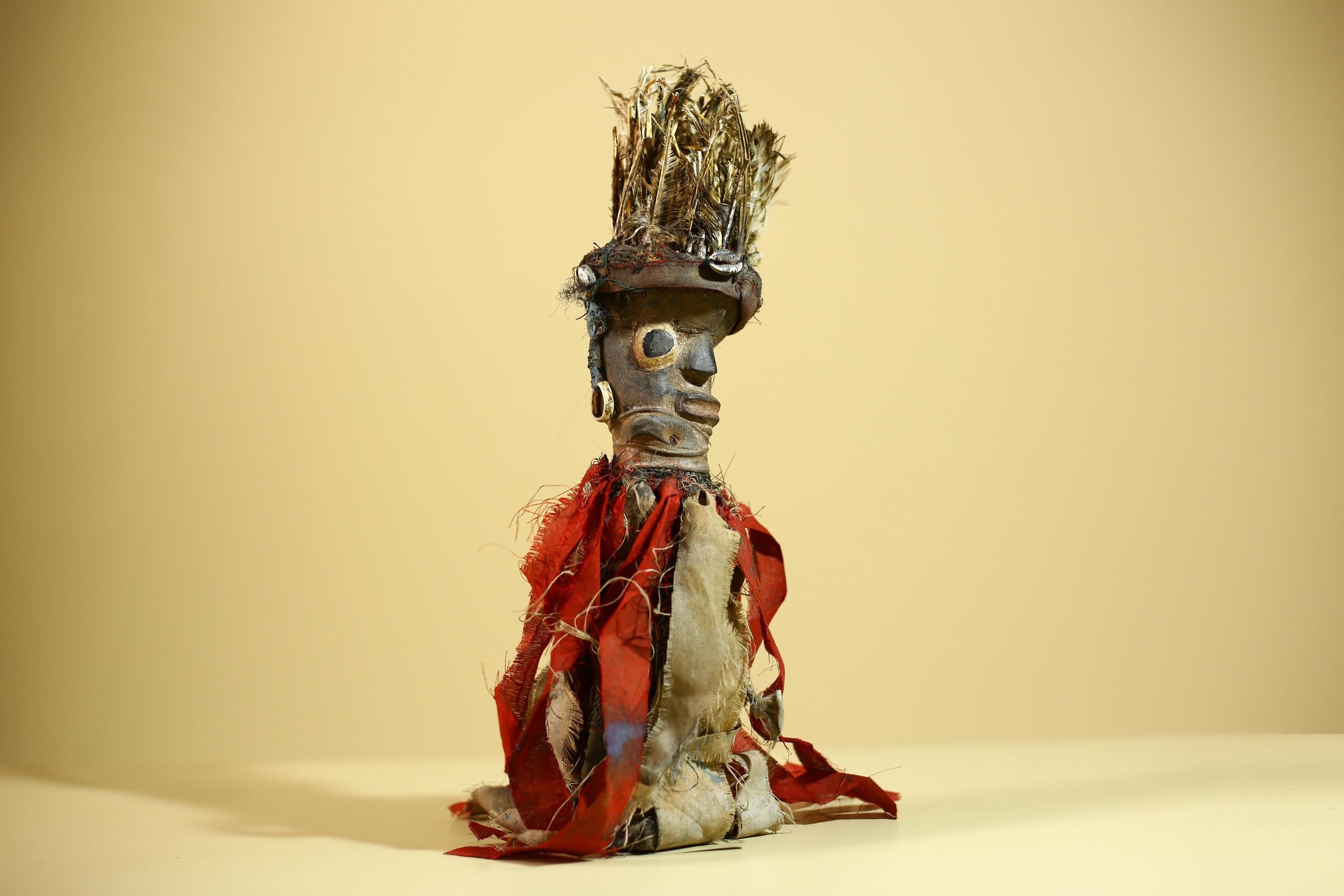 African Nkondi Vintage Ritual Statue with Feathers & Cloth Fetish Figure-G6028