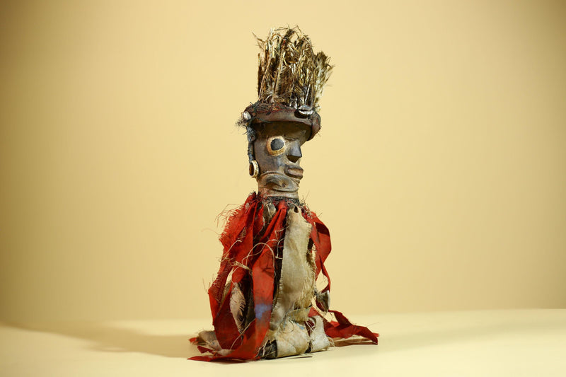 African Nkondi Vintage Ritual Statue with Feathers & Cloth Fetish Figure-G6028