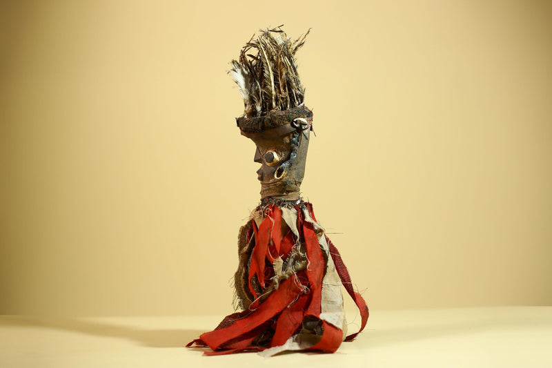 African Nkondi Vintage Ritual Statue with Feathers & Cloth Fetish Figure-G6028