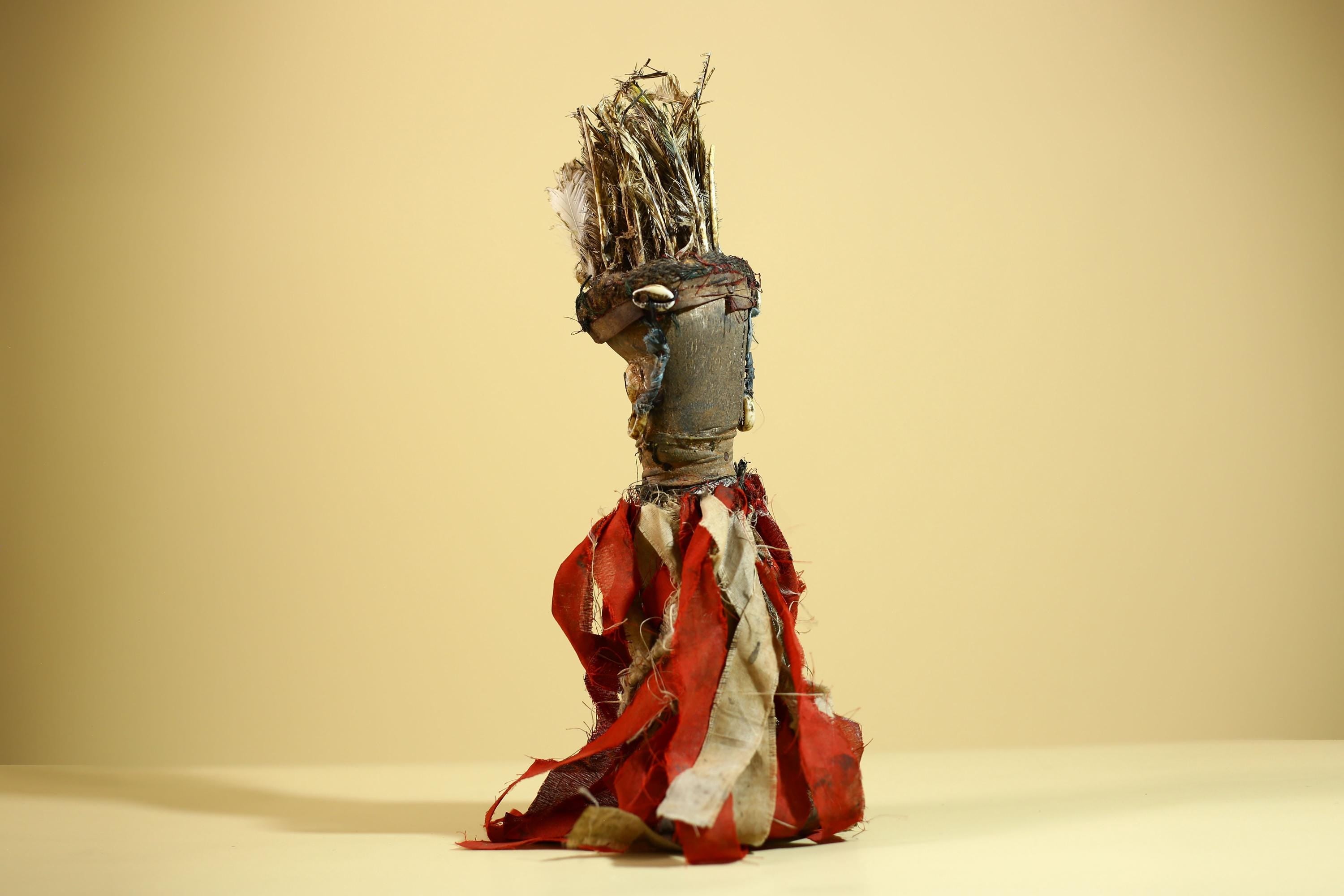 African Nkondi Vintage Ritual Statue with Feathers & Cloth Fetish Figure-G6028