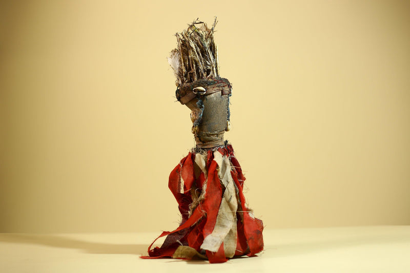 African Nkondi Vintage Ritual Statue with Feathers & Cloth Fetish Figure-G6028