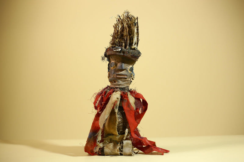 African Nkondi Vintage Ritual Statue with Feathers & Cloth Fetish Figure-G6028