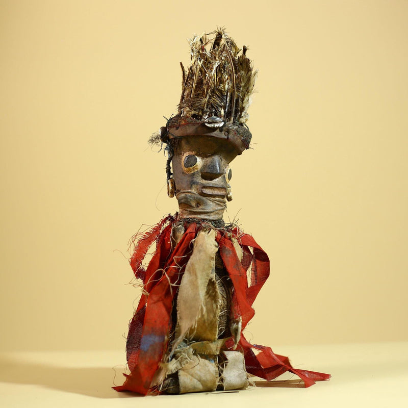 African Nkondi Vintage Ritual Statue with Feathers & Cloth Fetish Figure-G6028
