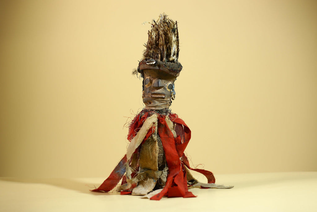 African Nkondi Vintage Ritual Statue with Feathers & Cloth Fetish Figure-G6028