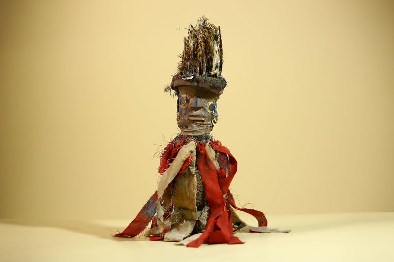 African Nkondi Vintage Ritual Statue with Feathers & Cloth Fetish Figure-G6028