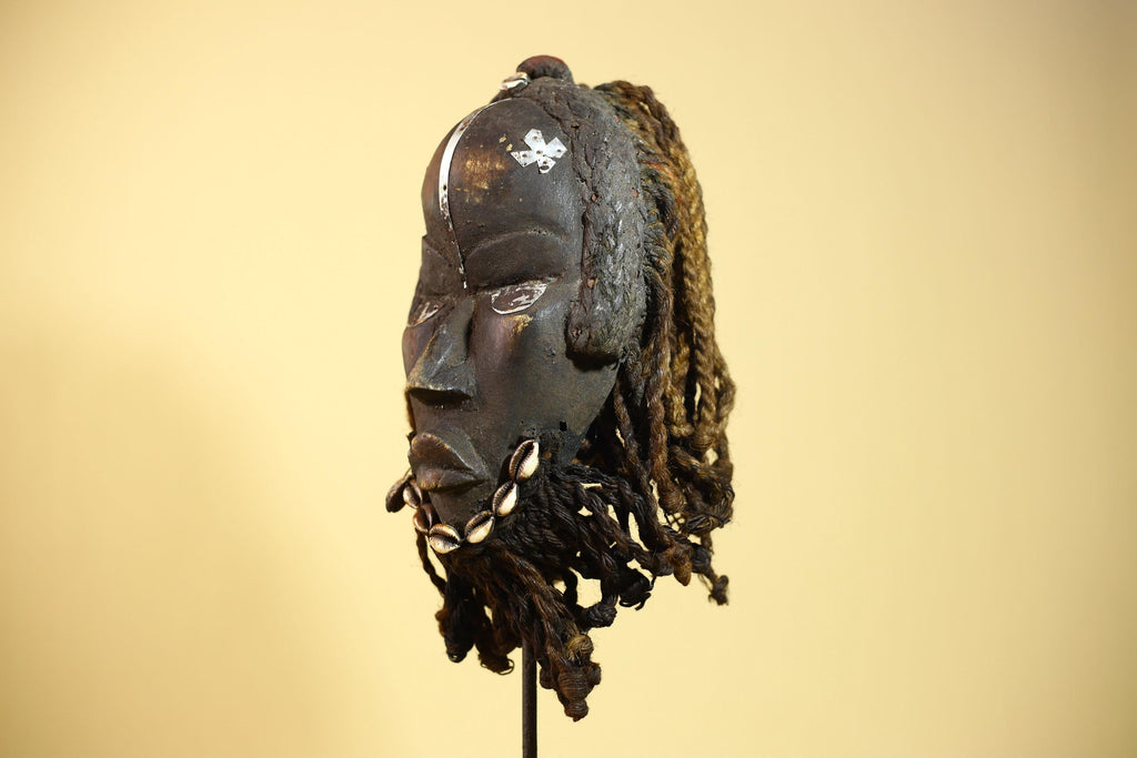 African Dan Mask Côte d'Ivoire Tribal Art Cowrie Fiber Beard Braided Hair-G6031