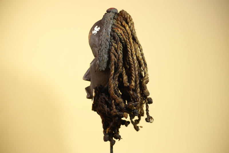 African Dan Mask Côte d'Ivoire Tribal Art Cowrie Fiber Beard Braided Hair-G6031