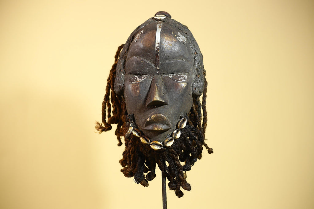 African Dan Mask Côte d'Ivoire Tribal Art Cowrie Fiber Beard Braided Hair-G6031