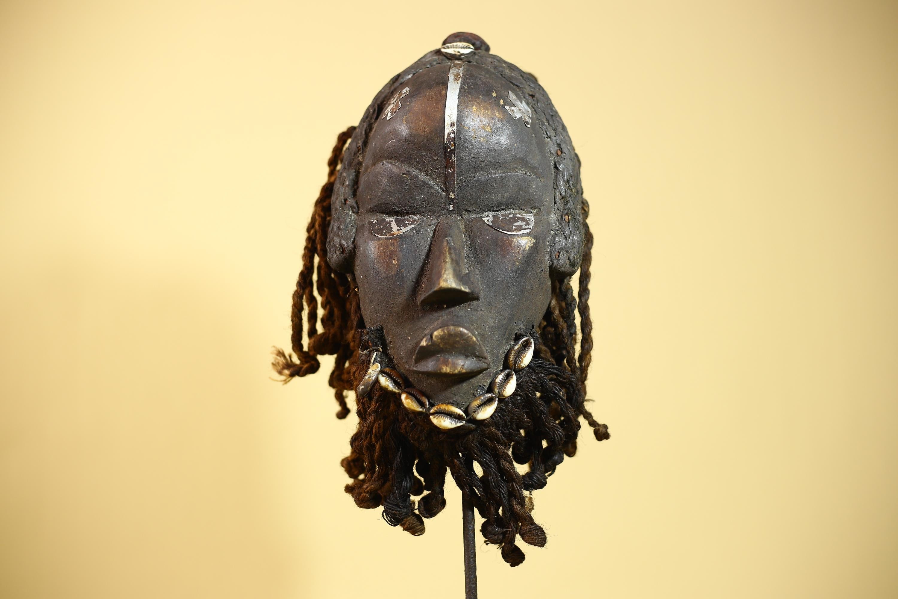 African Dan Mask Côte d'Ivoire Tribal Art Cowrie Fiber Beard Braided Hair-G6031