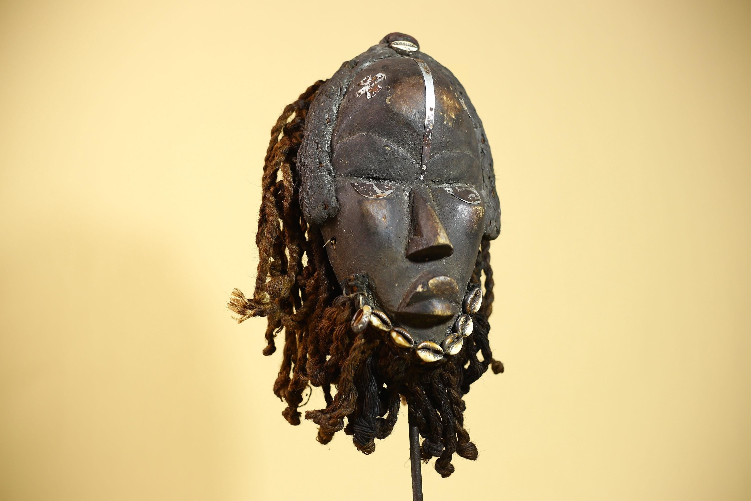 African Dan Mask Côte d'Ivoire Tribal Art Cowrie Fiber Beard Braided Hair-G6031