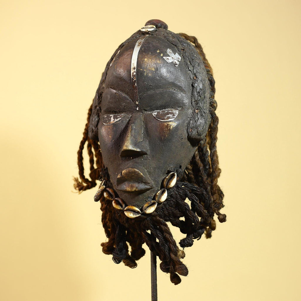 African Dan Mask Côte d'Ivoire Tribal Art Cowrie Fiber Beard Braided Hair-G6031