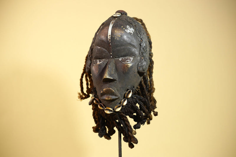 African Dan Mask Côte d'Ivoire Tribal Art Cowrie Fiber Beard Braided Hair-G6031