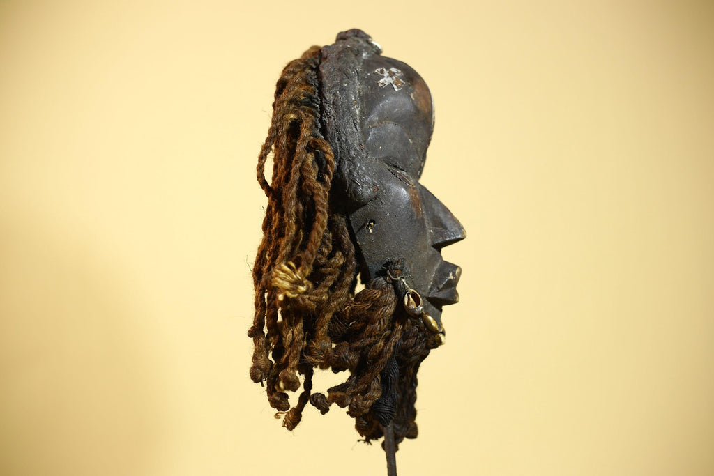 African Dan Mask Côte d'Ivoire Tribal Art Cowrie Fiber Beard Braided Hair-G6031