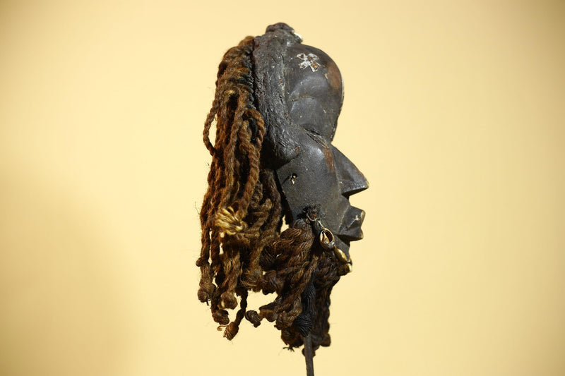 African Dan Mask Côte d'Ivoire Tribal Art Cowrie Fiber Beard Braided Hair-G6031