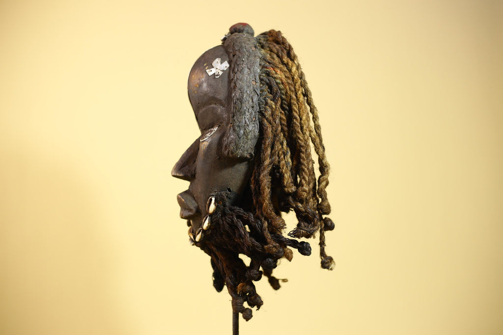 African Dan Mask Côte d'Ivoire Tribal Art Cowrie Fiber Beard Braided Hair-G6031