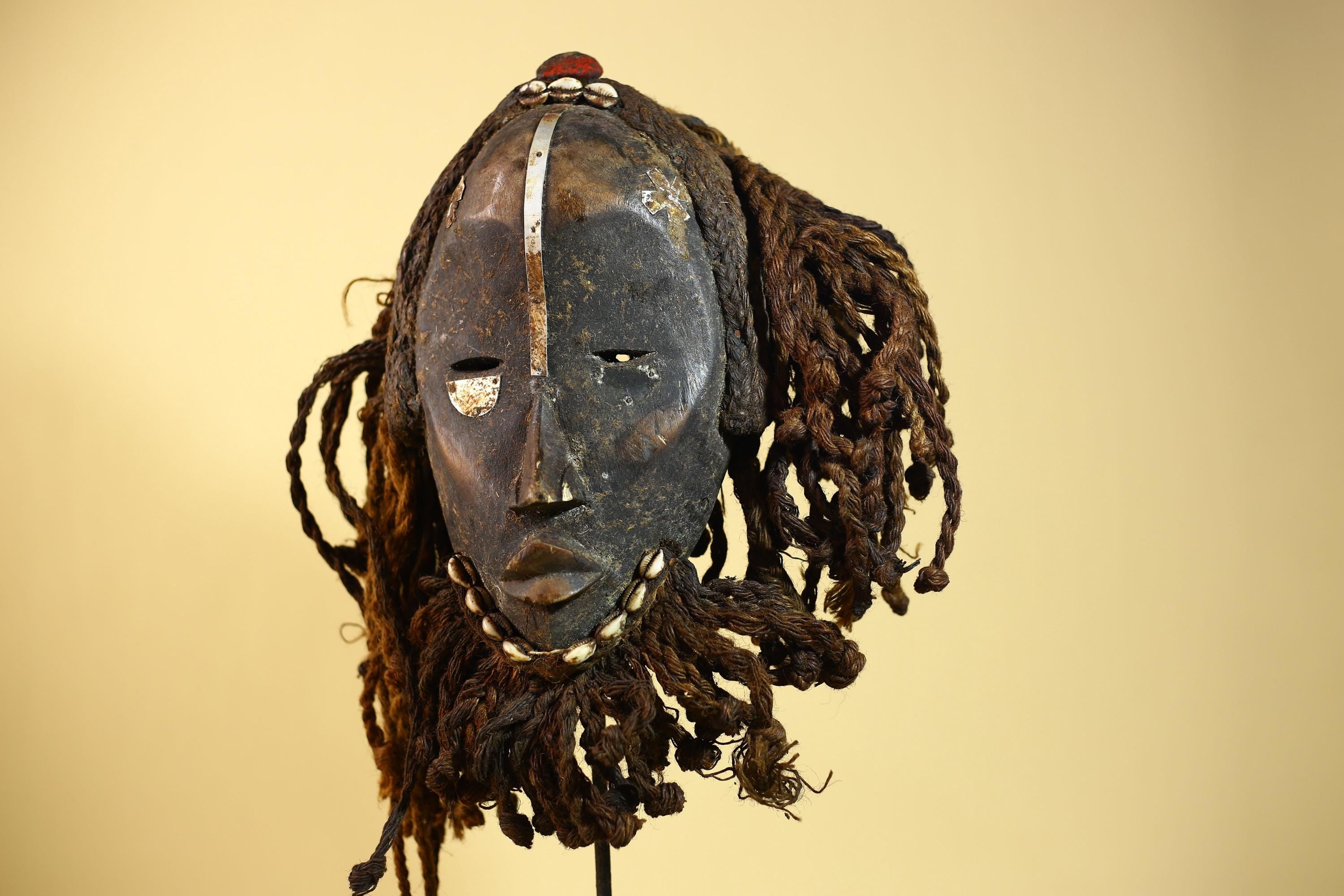 Vintage Dan African Mask Cowrie Shell Fiber Mask Tribal Carved Ritual Mask-G6032