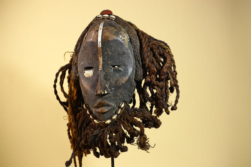 Vintage Dan African Mask Cowrie Shell Fiber Mask Tribal Carved Ritual Mask-G6032