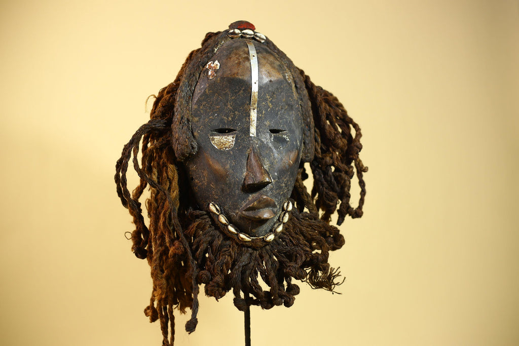 Vintage Dan African Mask Cowrie Shell Fiber Mask Tribal Carved Ritual Mask-G6032