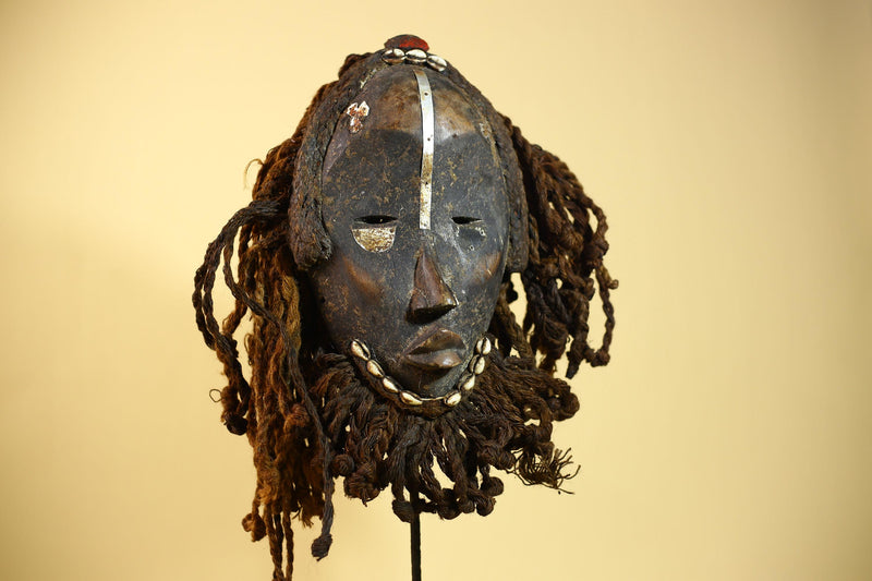 Vintage Dan African Mask Cowrie Shell Fiber Mask Tribal Carved Ritual Mask-G6032
