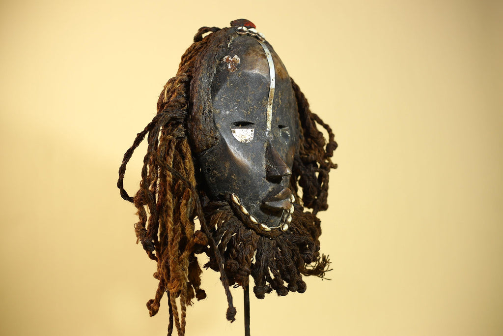 Vintage Dan African Mask Cowrie Shell Fiber Mask Tribal Carved Ritual Mask-G6032