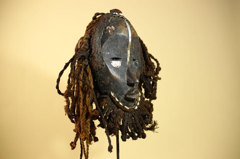 Vintage Dan African Mask Cowrie Shell Fiber Mask Tribal Carved Ritual Mask-G6032