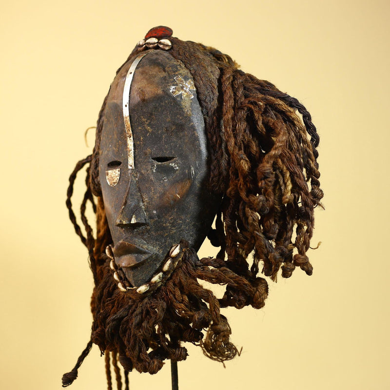 Vintage Dan African Mask Cowrie Shell Fiber Mask Tribal Carved Ritual Mask-G6032