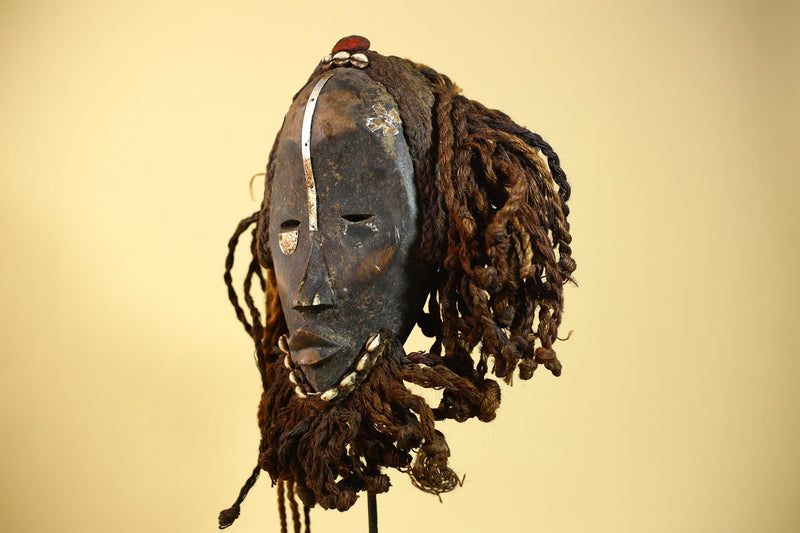 Vintage Dan African Mask Cowrie Shell Fiber Mask Tribal Carved Ritual Mask-G6032