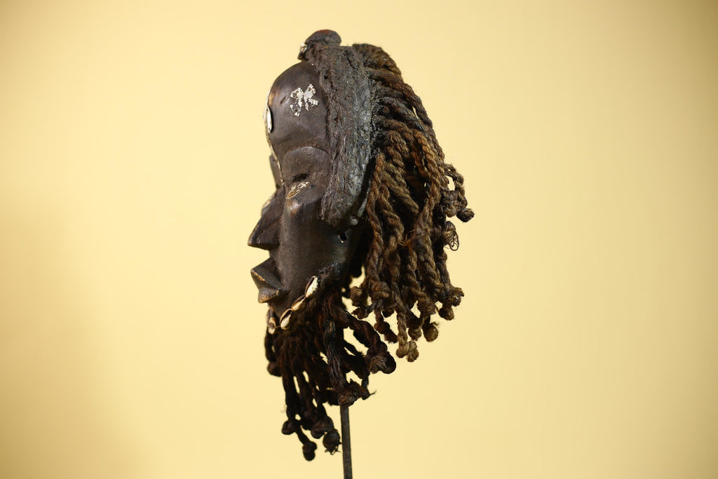 Authentic African Dan Mask With Braided Fibre Hair & Cowrie Details Mask-G6033