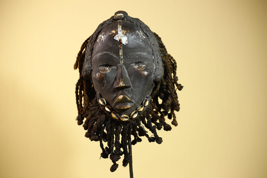Authentic African Dan Mask With Braided Fibre Hair & Cowrie Details Mask-G6033