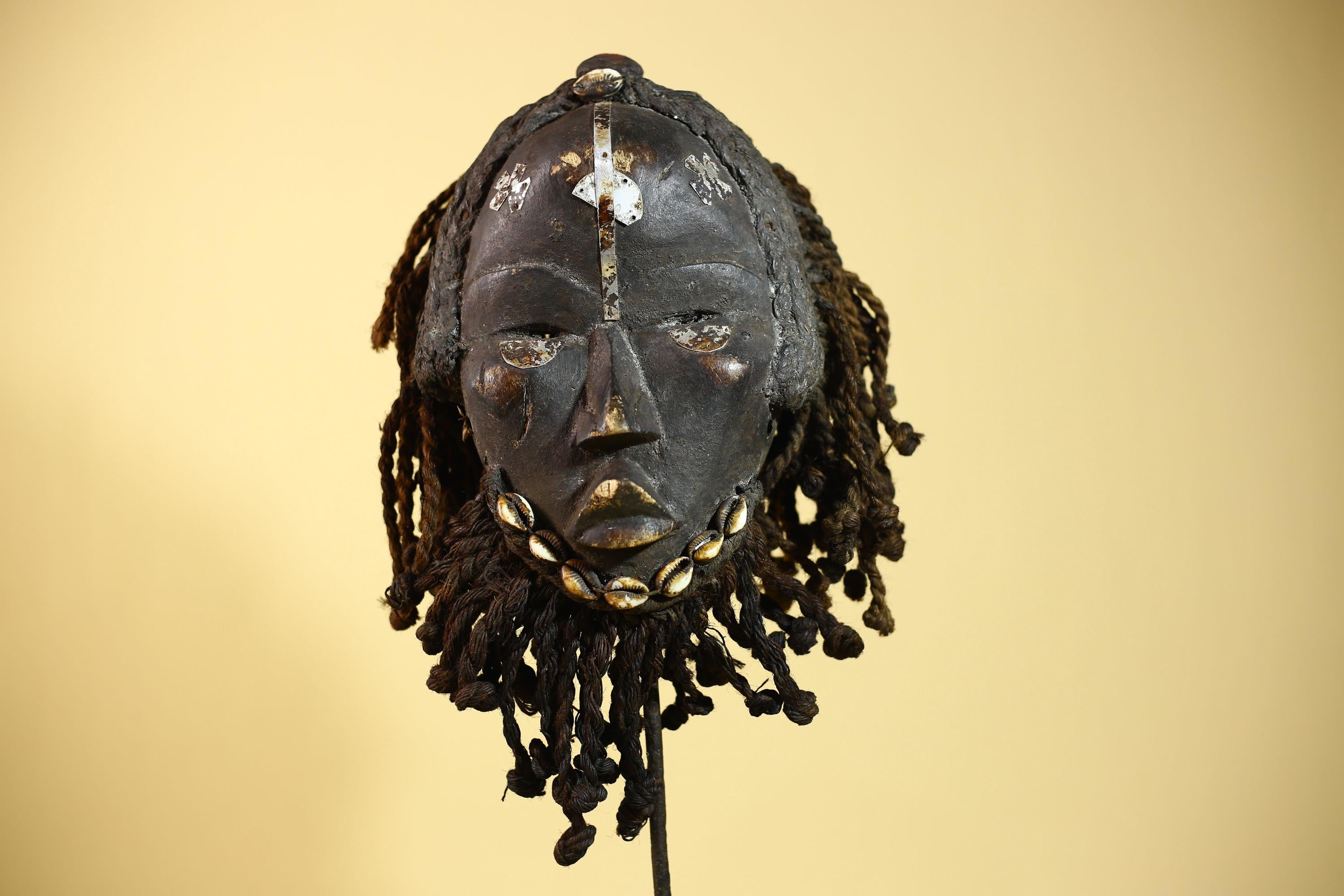 Authentic African Dan Mask With Braided Fibre Hair & Cowrie Details Mask-G6033
