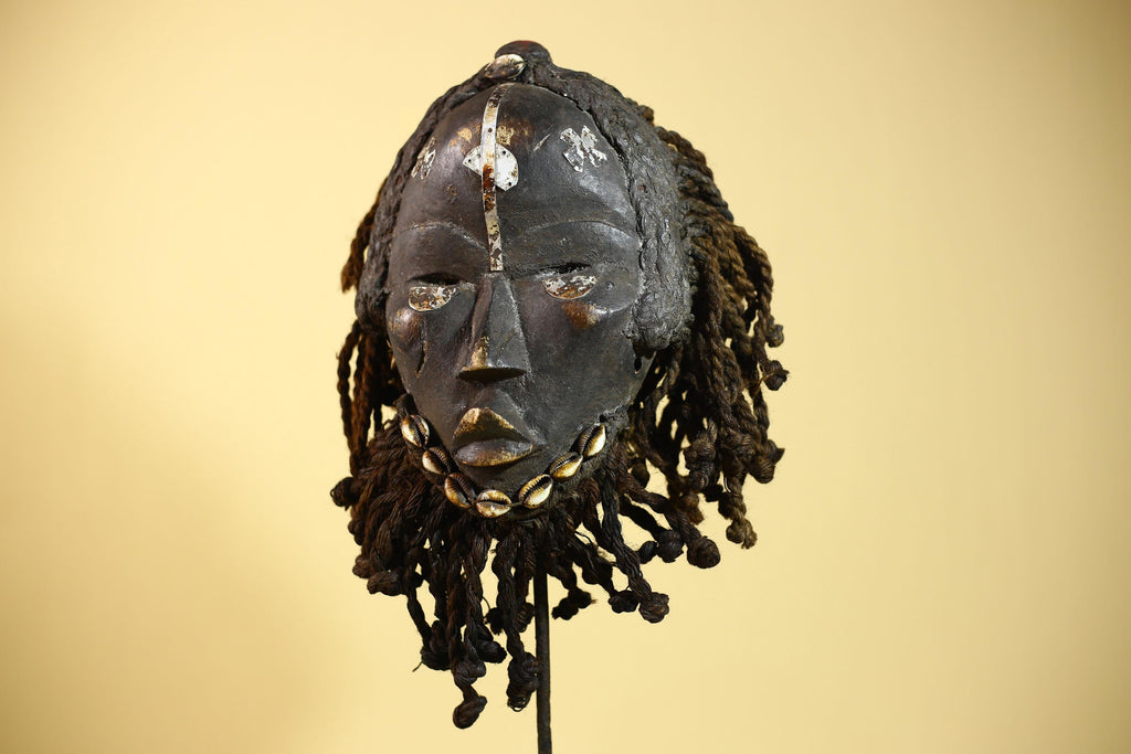 Authentic African Dan Mask With Braided Fibre Hair & Cowrie Details Mask-G6033