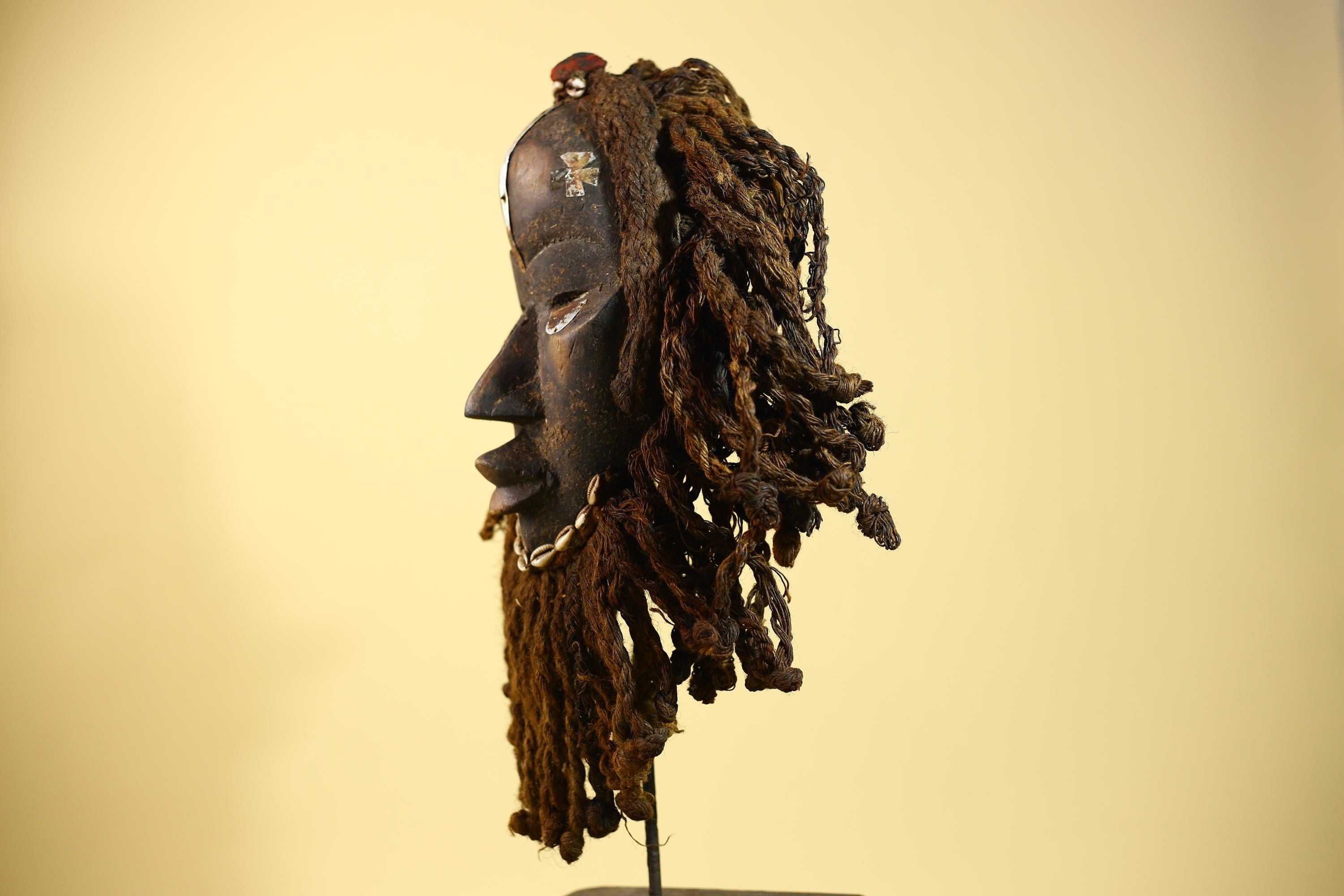 African Antique Dan Mask With Cowrie Beard & Braided Fiber Hair Tribal Art-G6034