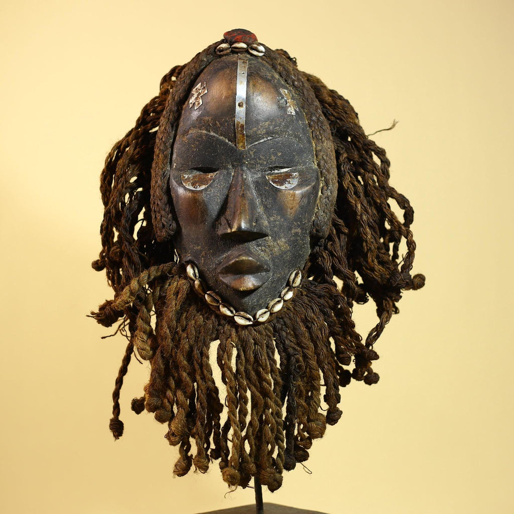 African Antique Dan Mask With Cowrie Beard & Braided Fiber Hair Tribal Art-G6034