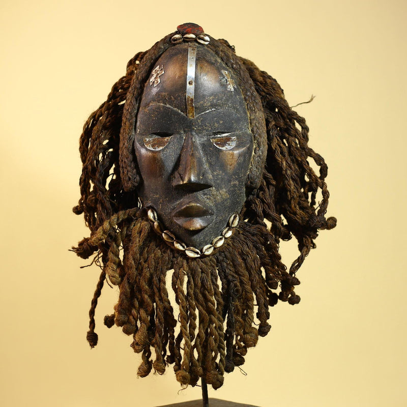 African Antique Dan Mask With Cowrie Beard & Braided Fiber Hair Tribal Art-G6034