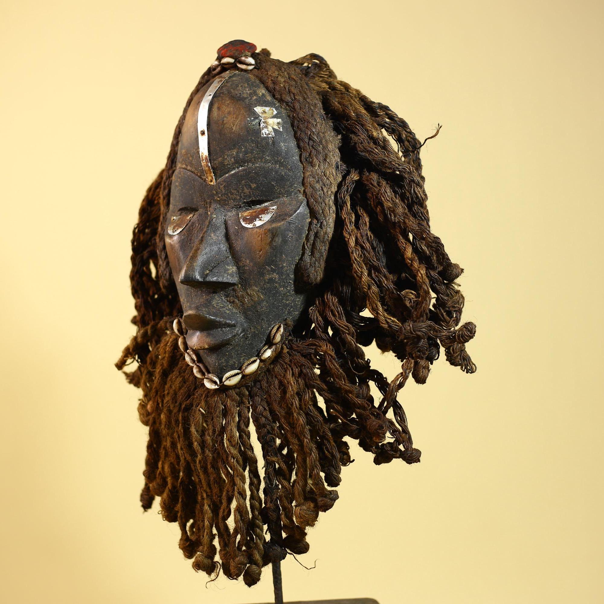 African Antique Dan Mask With Cowrie Beard & Braided Fiber Hair Tribal Art-G6034