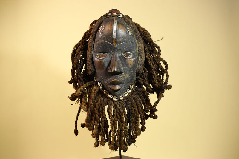 African Antique Dan Mask With Cowrie Beard & Braided Fiber Hair Tribal Art-G6034