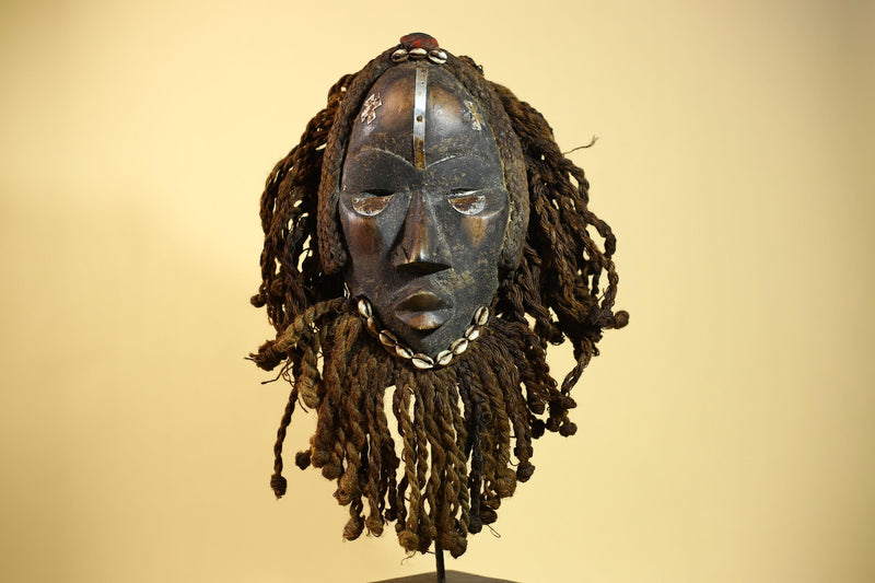 African Antique Dan Mask With Cowrie Beard & Braided Fiber Hair Tribal Art-G6034