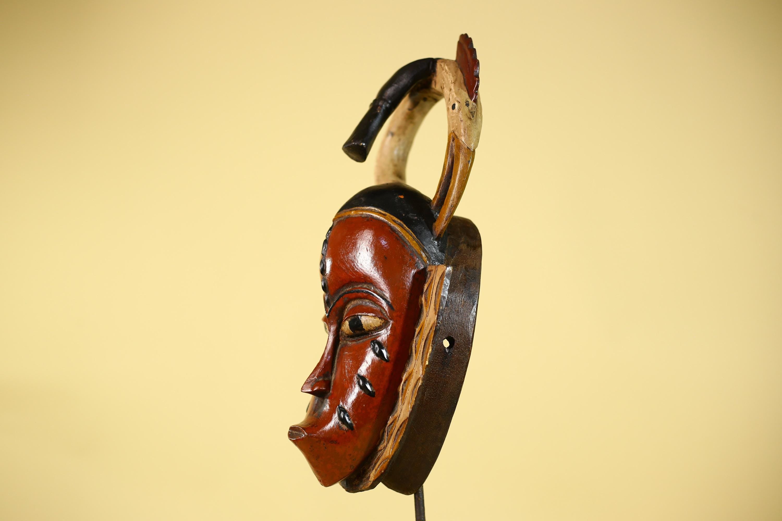 African Mask Baule Tribal Art Red Wooden Wall Decor Vintage-G6136