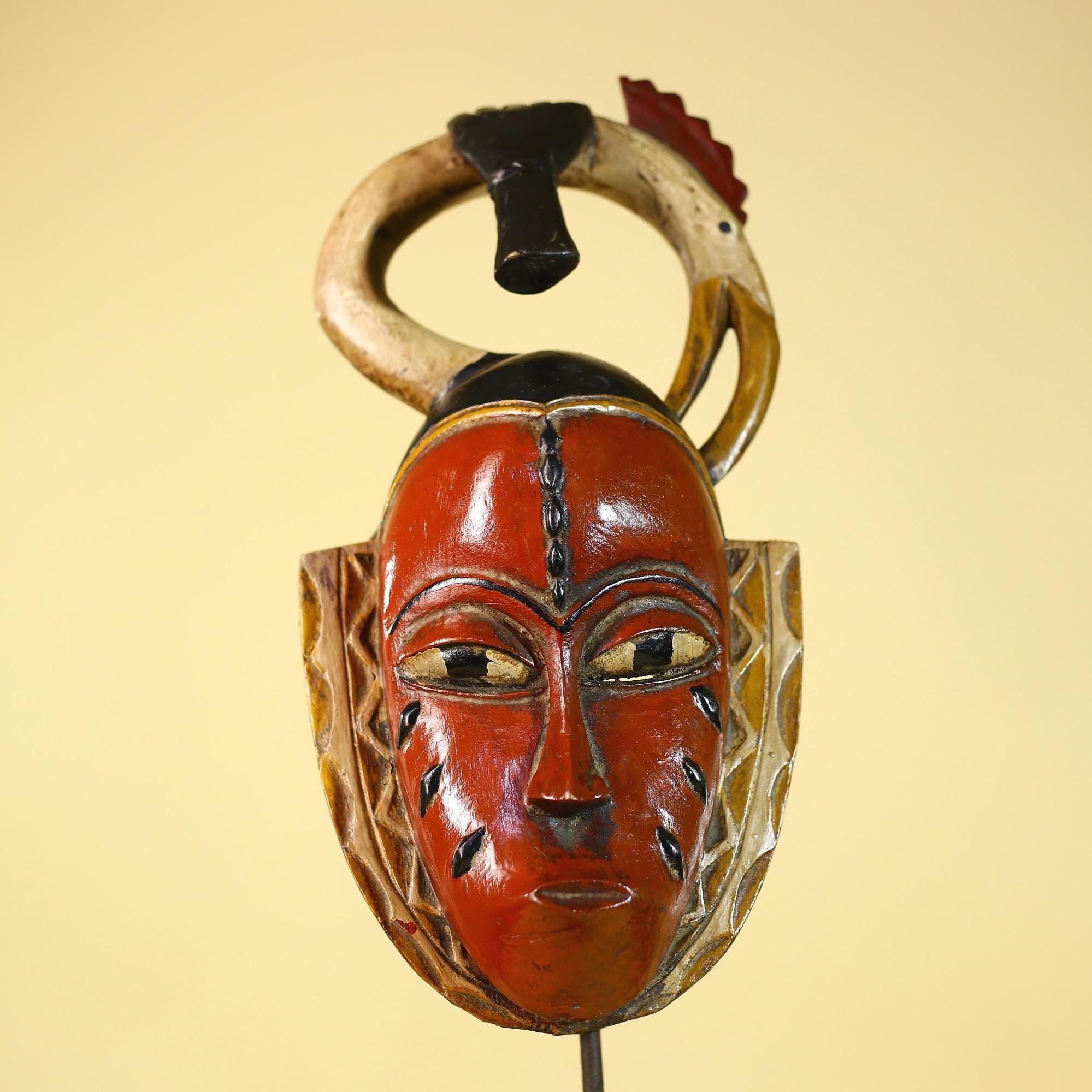 African Mask Baule Tribal Art Red Wooden Wall Decor Vintage-G6136