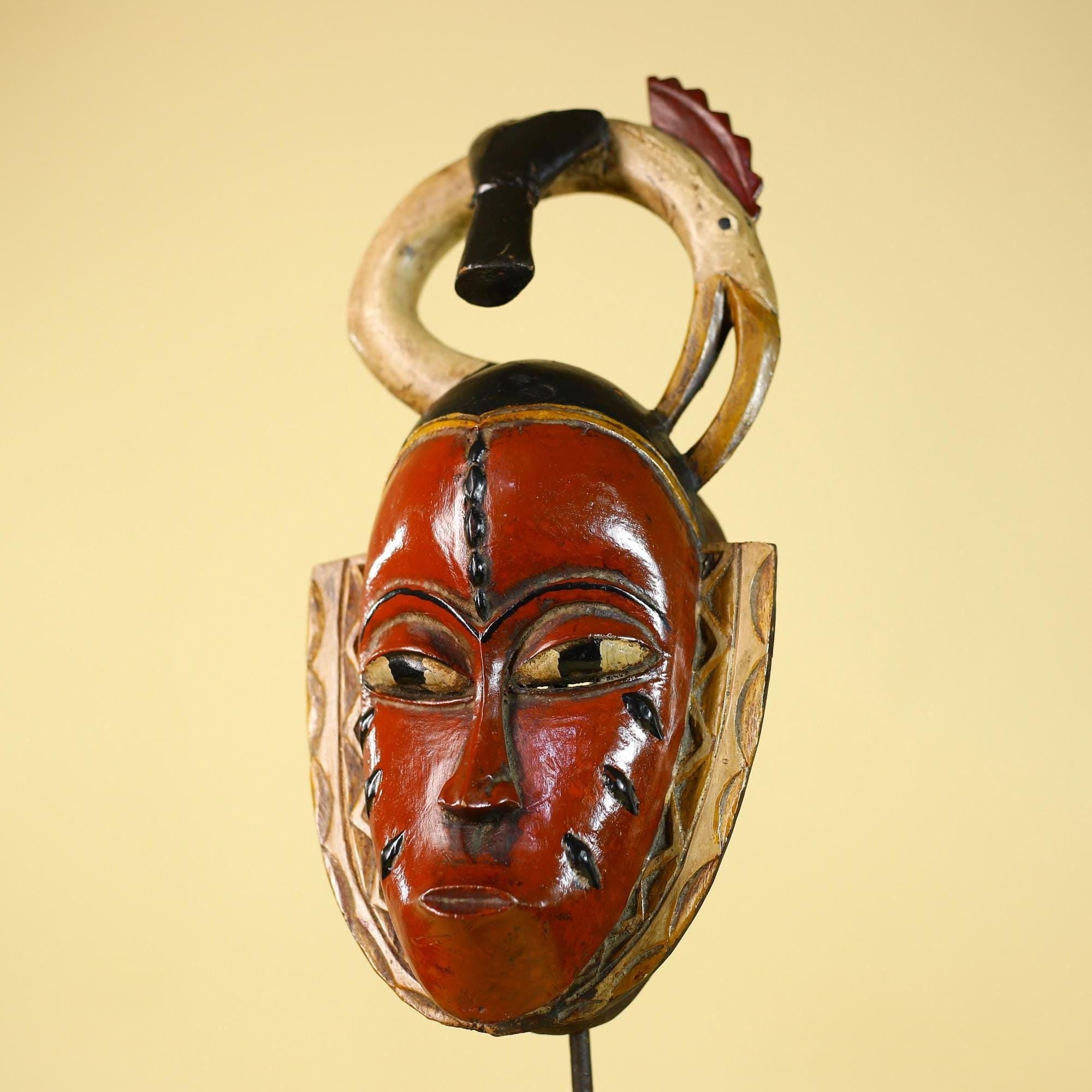 African Mask Baule Tribal Art Red Wooden Wall Decor Vintage-G6136
